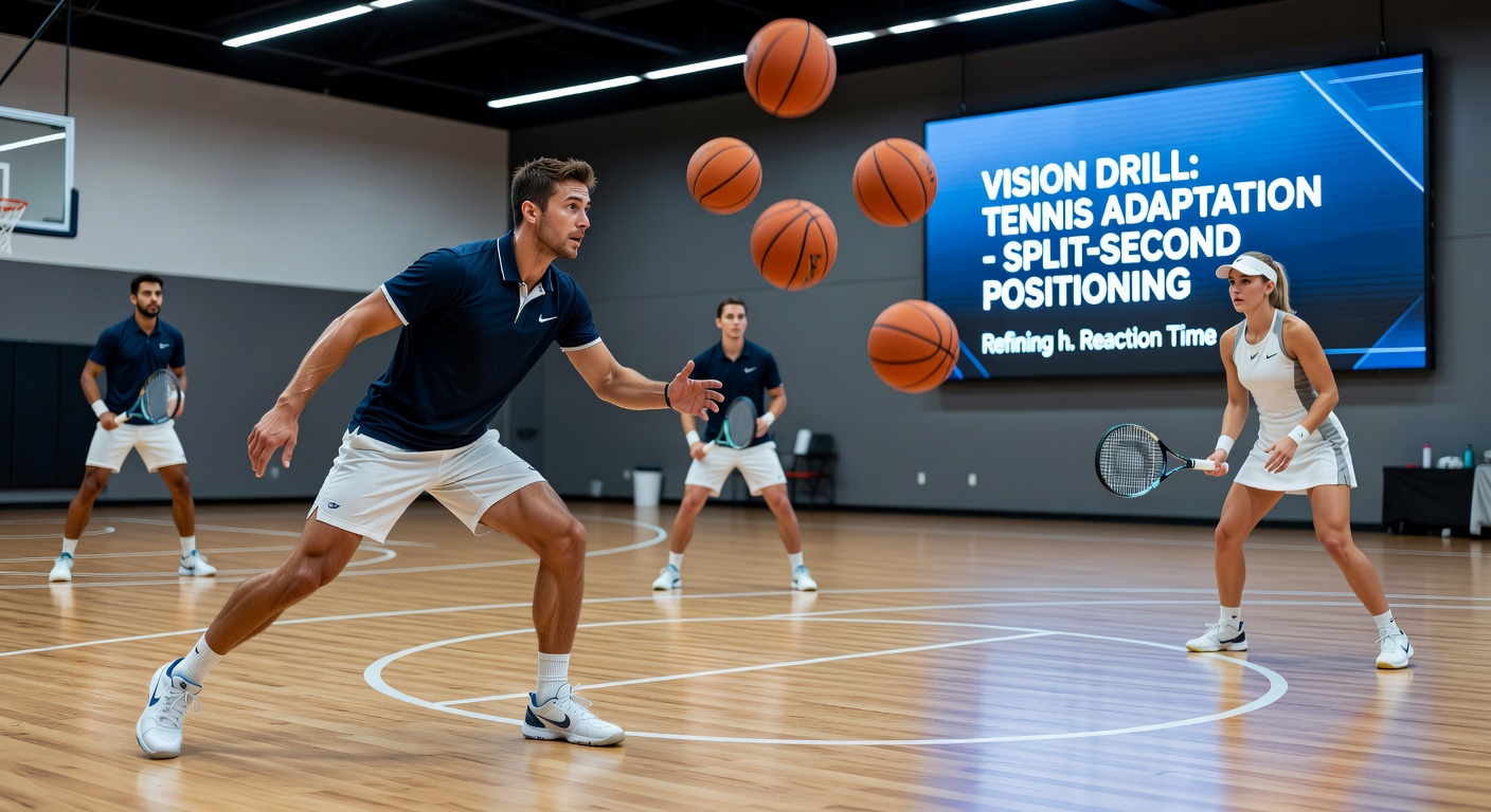 Gruppe von Tennisprofis bei einer angepassten Basketball-Vision-Übung auf dem Platz, die periphere Wahrnehmung und schnelle Positionierung in Rallyes trainiert