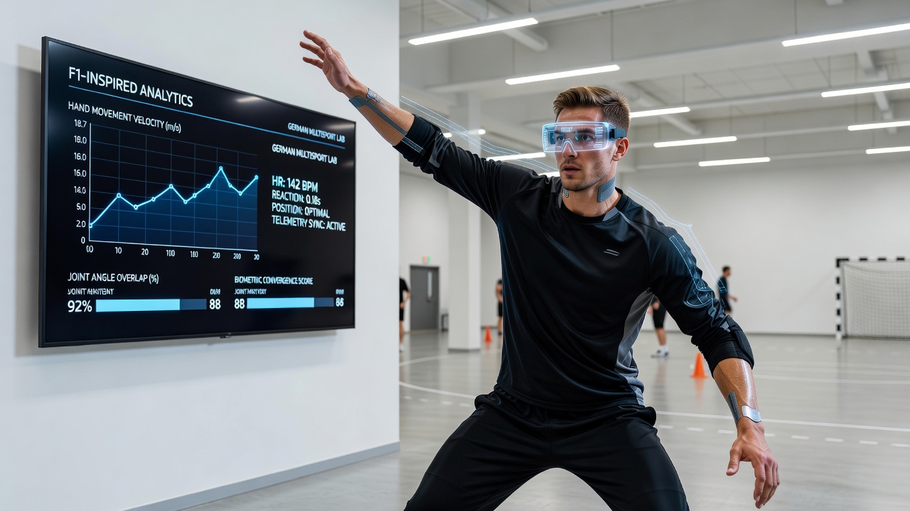 Handball-Torhüter bei der Analyse von Formel-1-Telemetrie-Daten in einem deutschen Trainingszentrum
