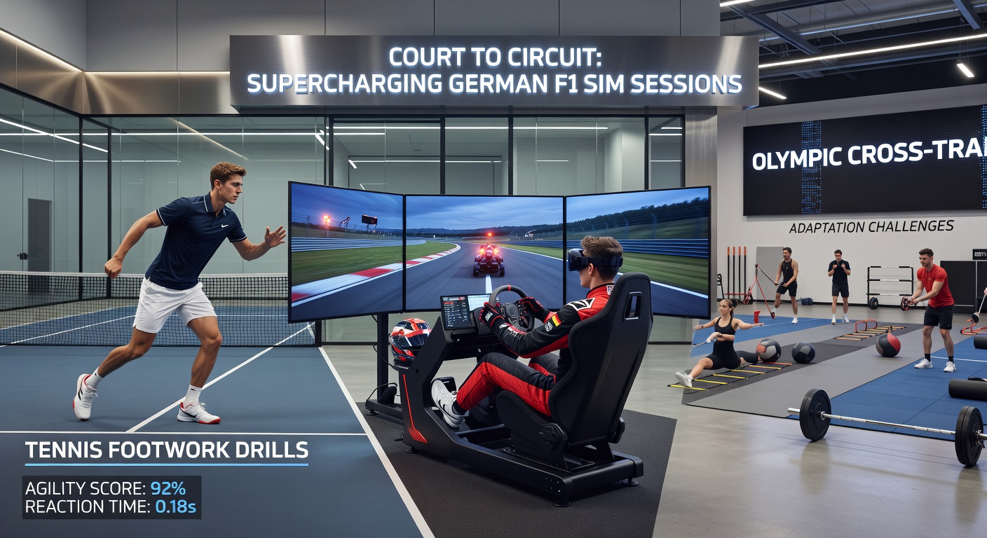 Gruppe junger deutscher Athleten bei Cross-Training: Tennisdrills auf dem Court vor F1-Simulator-Herausforderungen