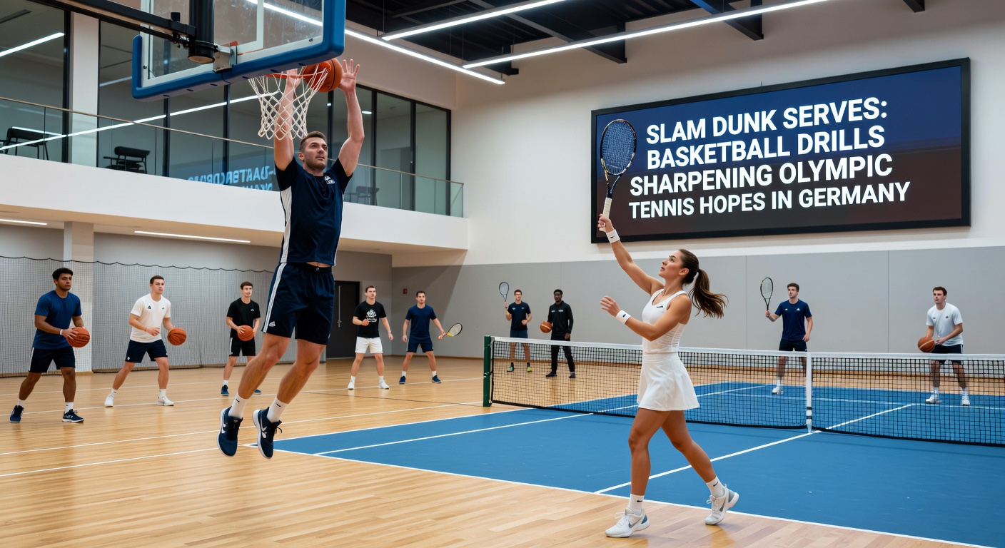 Gruppe von Tennisspielern bei Basketball-Training in deutschem Camp, explosiver Sprung gezeigt